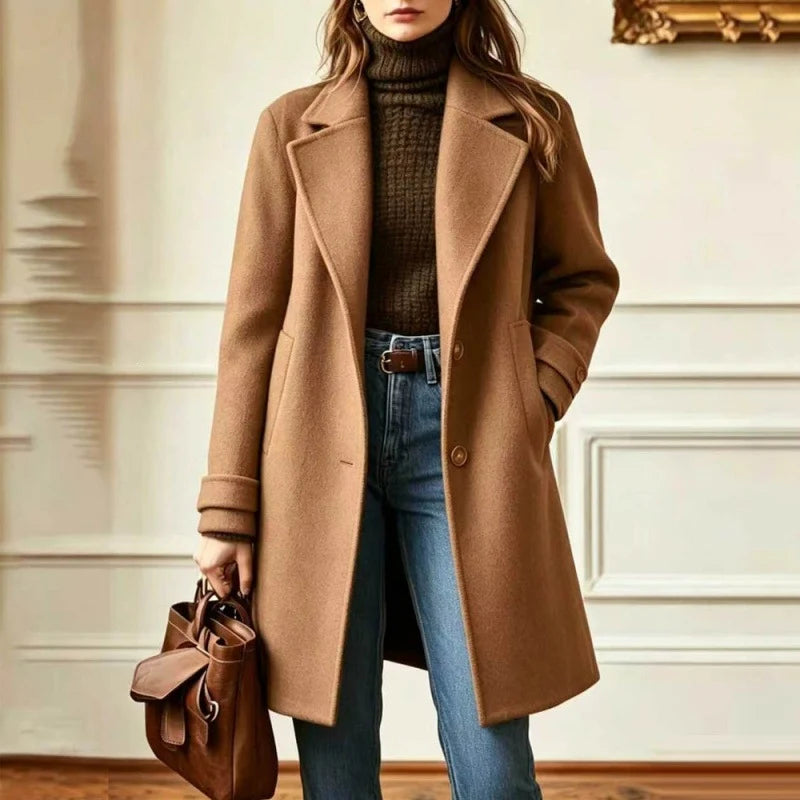 Wool Blend Coat Fitted Mid-Length Lapel Collar Side Pockets