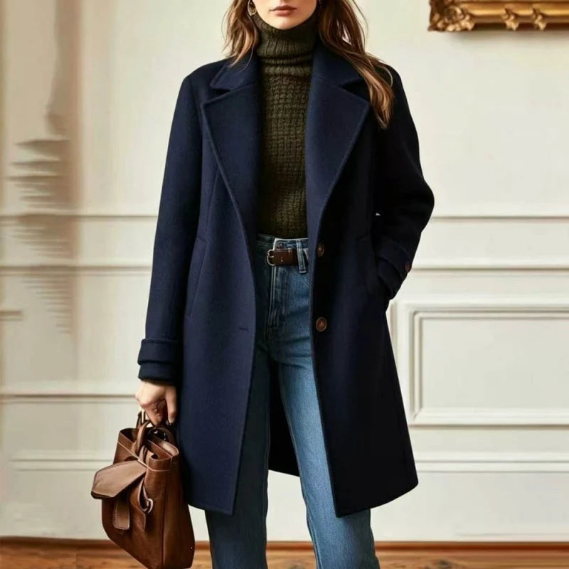 Wool Blend Coat Fitted Mid-Length Lapel Collar Side Pockets