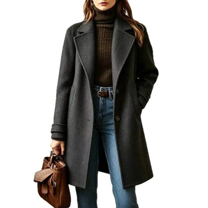 Wool Blend Coat Fitted Mid-Length Lapel Collar Side Pockets