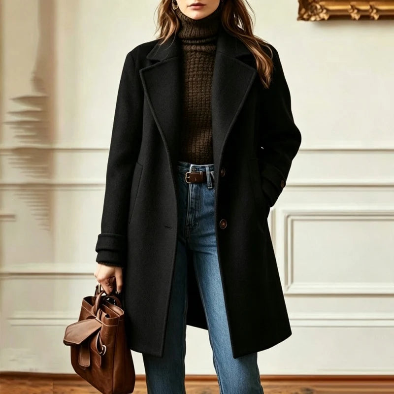 Wool Blend Coat Fitted Mid-Length Lapel Collar Side Pockets