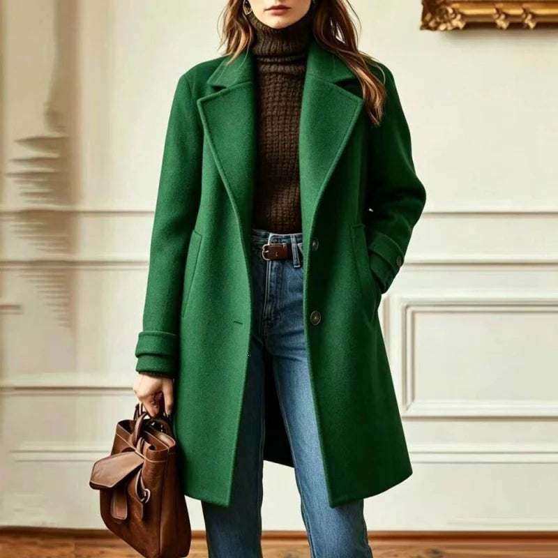 Wool Blend Coat Fitted Mid-Length Lapel Collar Side Pockets