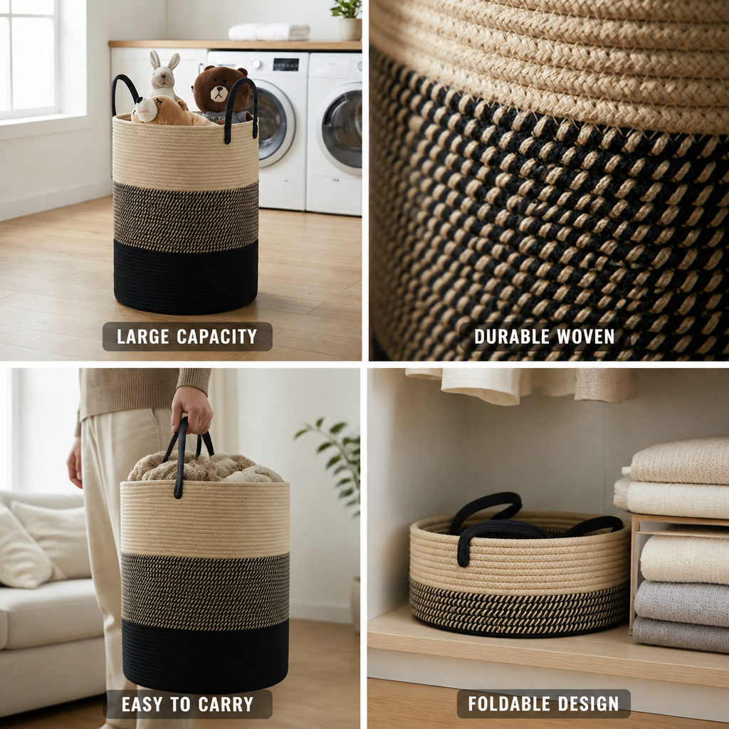 Woven Storage Basket Foldable With Carrying Handles 15.3 Gallon