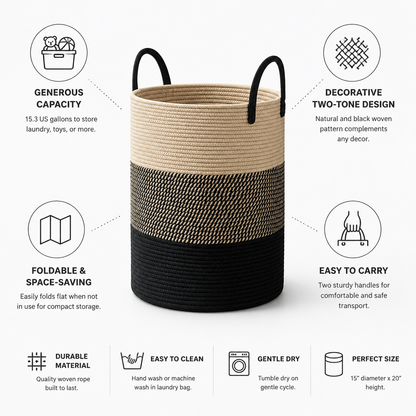 Woven Storage Basket Foldable With Carrying Handles 15.3 Gallon