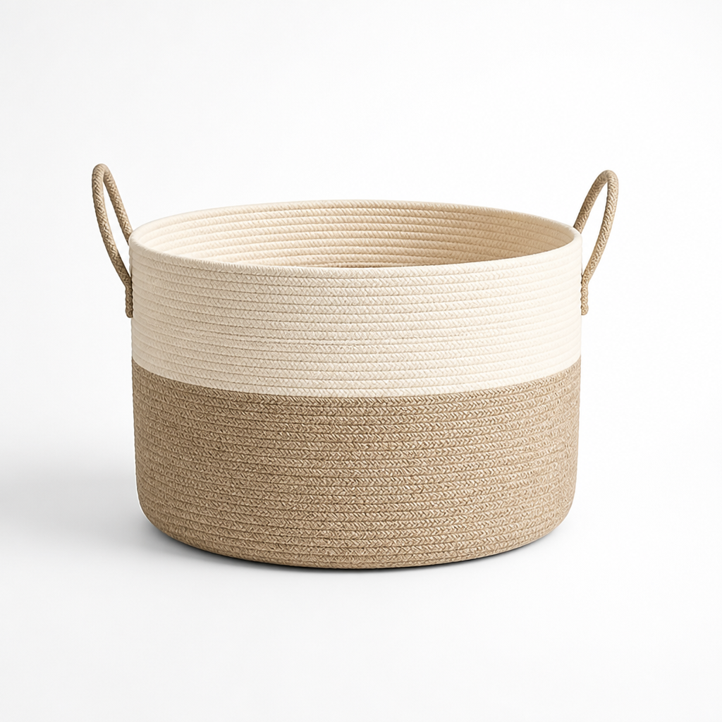 Woven Storage Basket Large Round Two-Tone Built-In Handles
