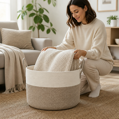 Woven Storage Basket Large Round Two-Tone Built-In Handles