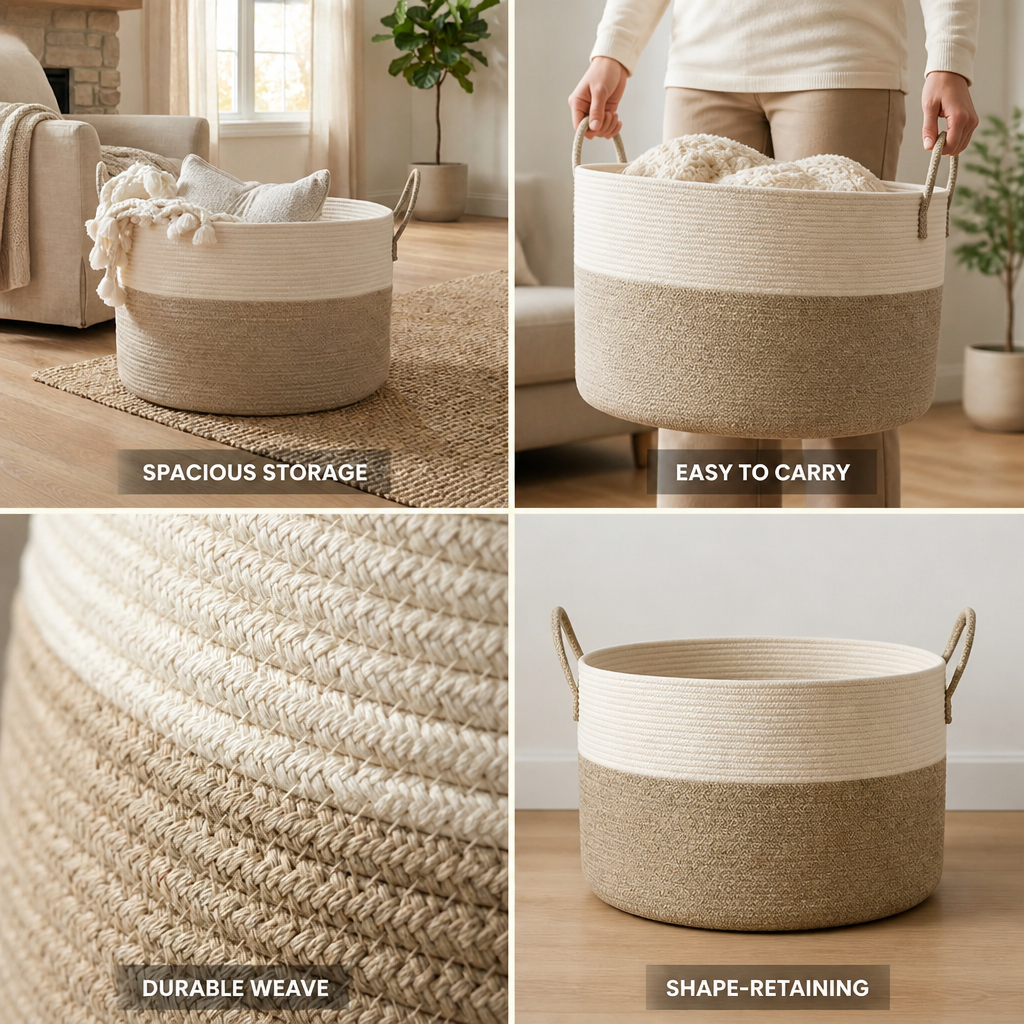 Woven Storage Basket Large Round Two-Tone Built-In Handles