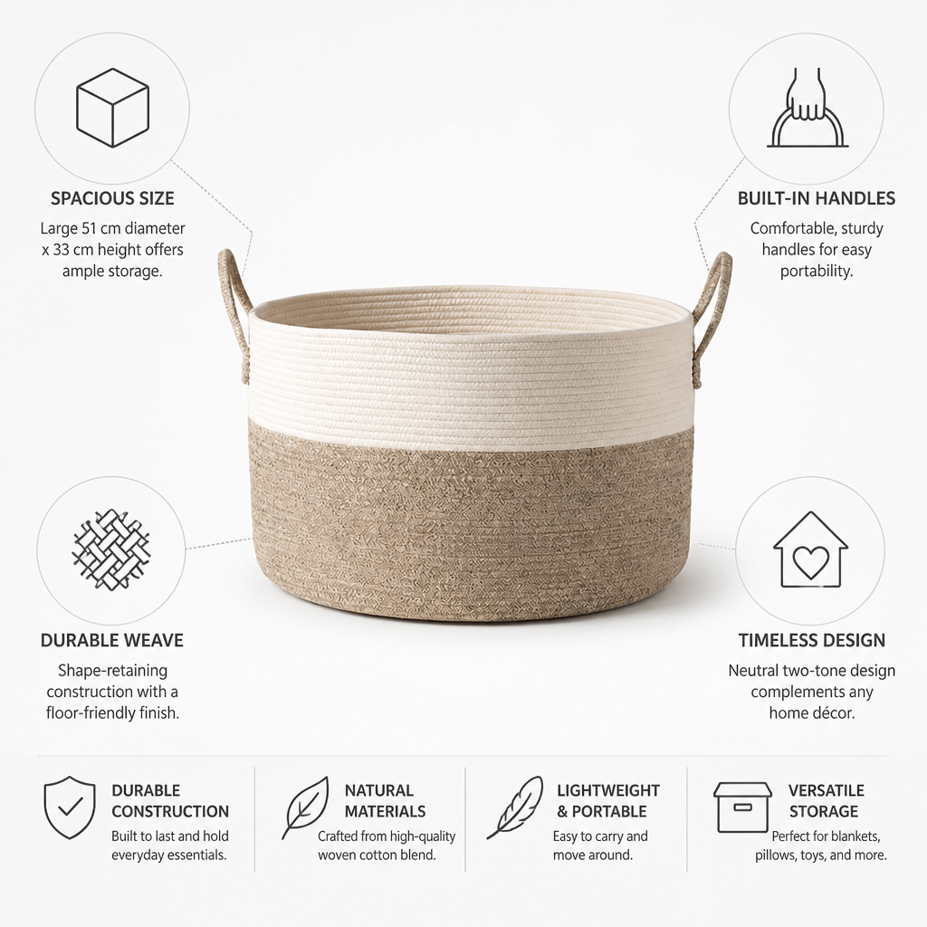 Woven Storage Basket Large Round Two-Tone Built-In Handles