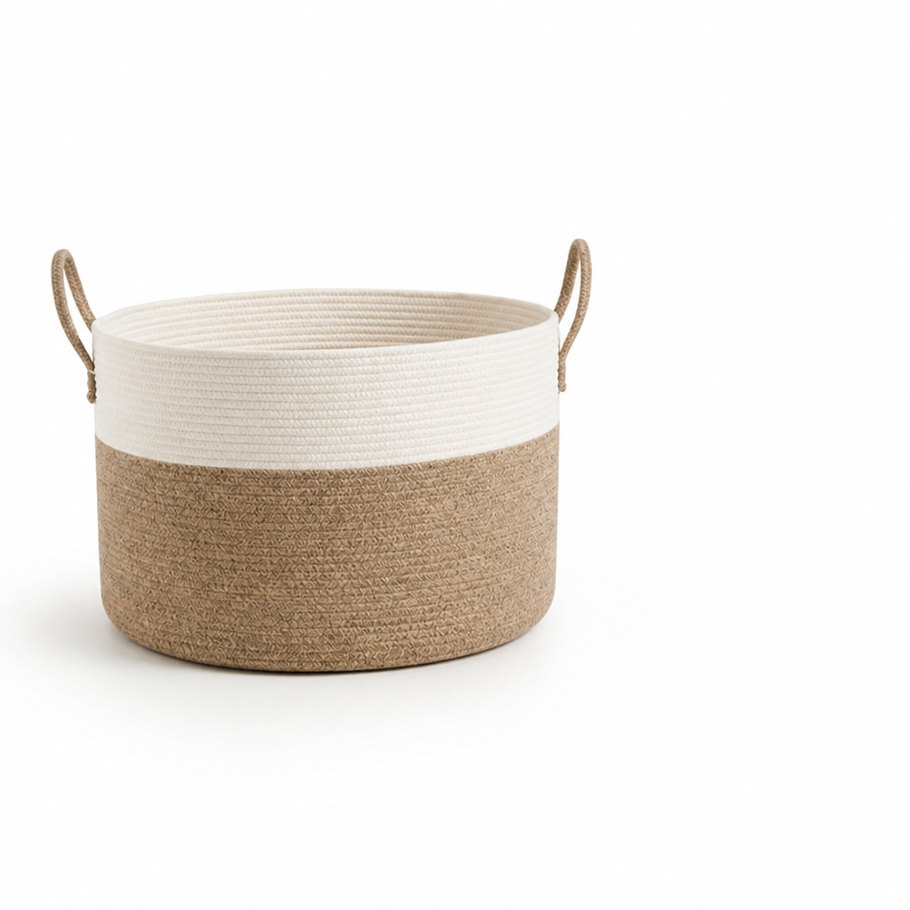 Woven Storage Basket Large Round Two-Tone Built-In Handles