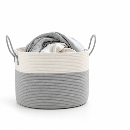 Woven Storage Basket Large Round Two-Tone Built-In Handles