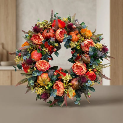 Wreath Faux Pumpkins & Leaves Rattan 15.75-Inch