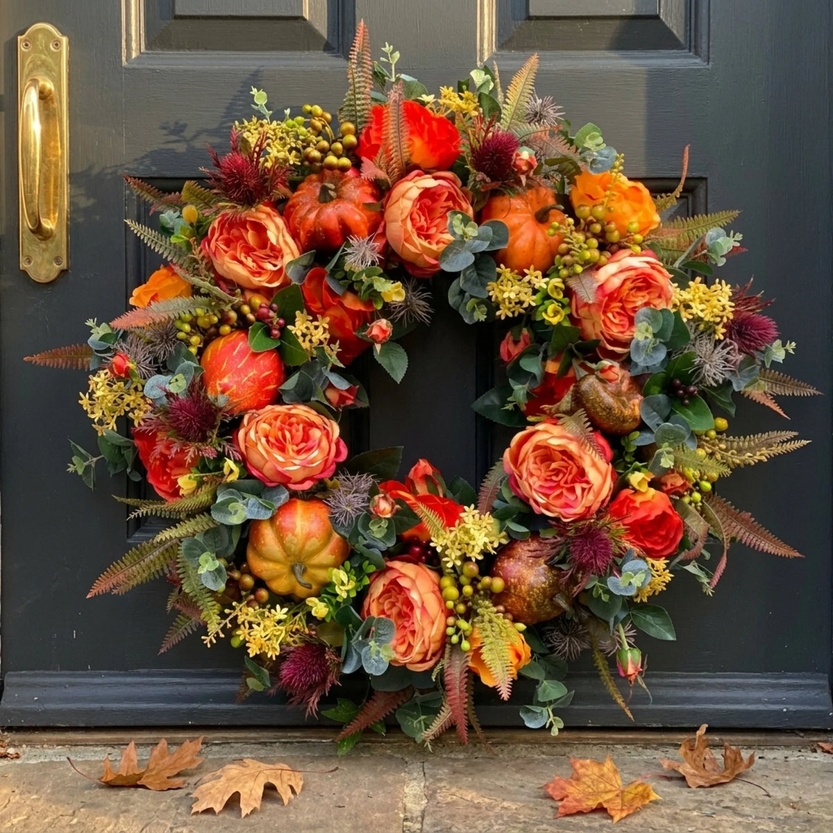 Wreath Faux Pumpkins & Leaves Rattan 15.75-Inch