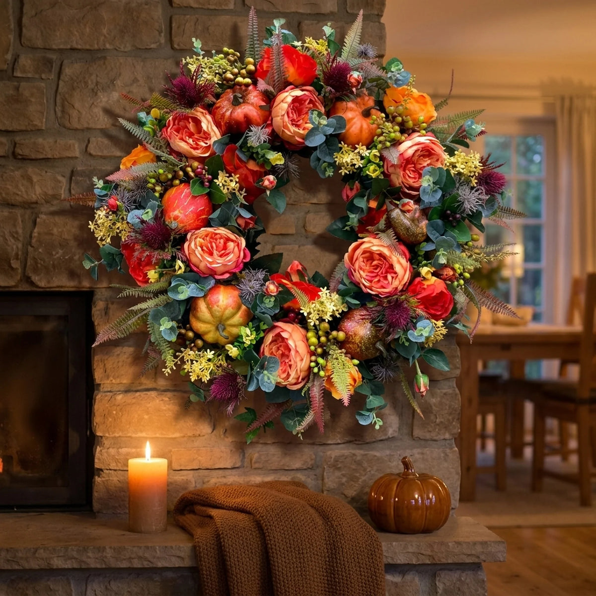 Wreath Faux Pumpkins & Leaves Rattan 15.75-Inch