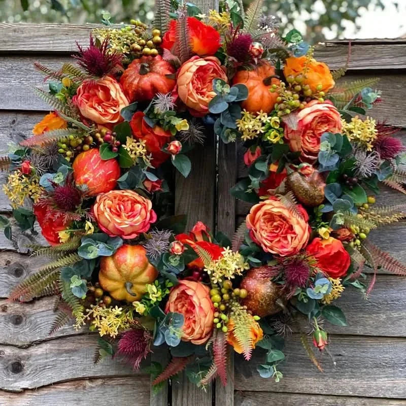Wreath Faux Pumpkins & Leaves Rattan 15.75-Inch