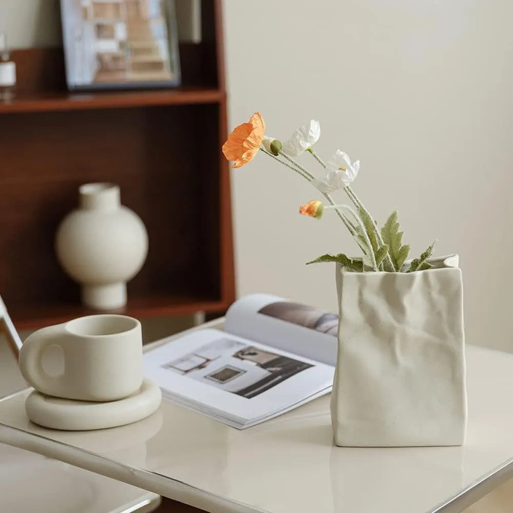 Elegant Ceramic Vase with Textured Paper Bag Design