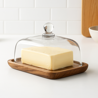 Stylish Glass Butter Keeper with Wooden Stand