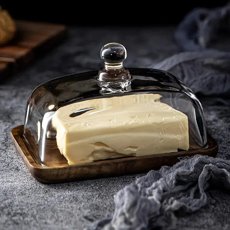 Stylish Glass Butter Keeper with Wooden Stand