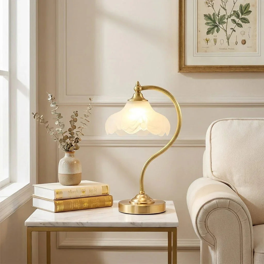 Elegant Blossom Glass and Brass Table Lamp – Ideal Soft Lighting