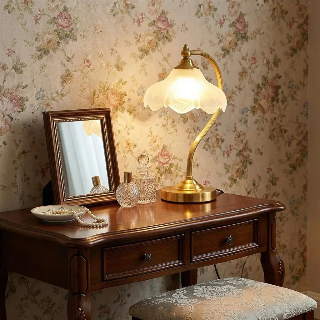 Elegant Blossom Glass and Brass Table Lamp – Ideal Soft Lighting