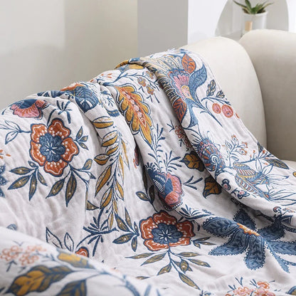 Elegant Botanical Cotton Throw with Charming Tassels