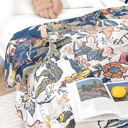 Elegant Botanical Cotton Throw with Charming Tassels