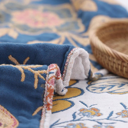 Elegant Botanical Cotton Throw with Charming Tassels