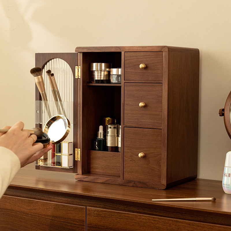 Elegant Wooden Makeup Storage Solution with Brush Compartment