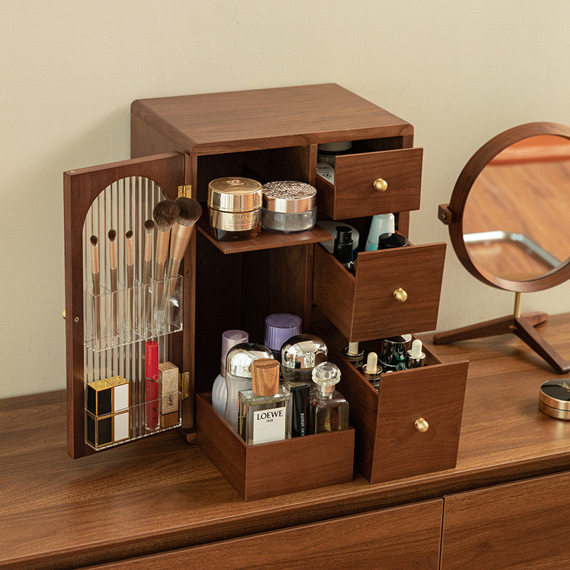 Elegant Wooden Makeup Storage Solution with Brush Compartment