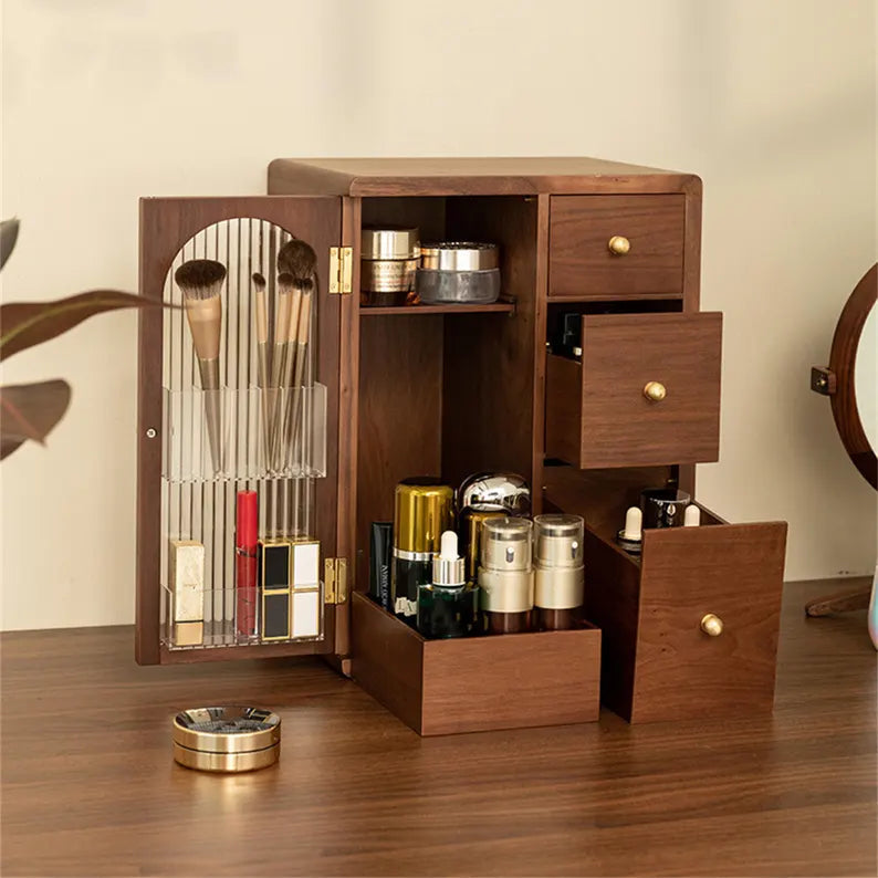 Elegant Wooden Makeup Storage Solution with Brush Compartment