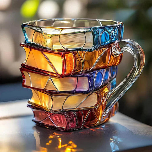 Artisan Glass Coffee Cup with Literary Charm