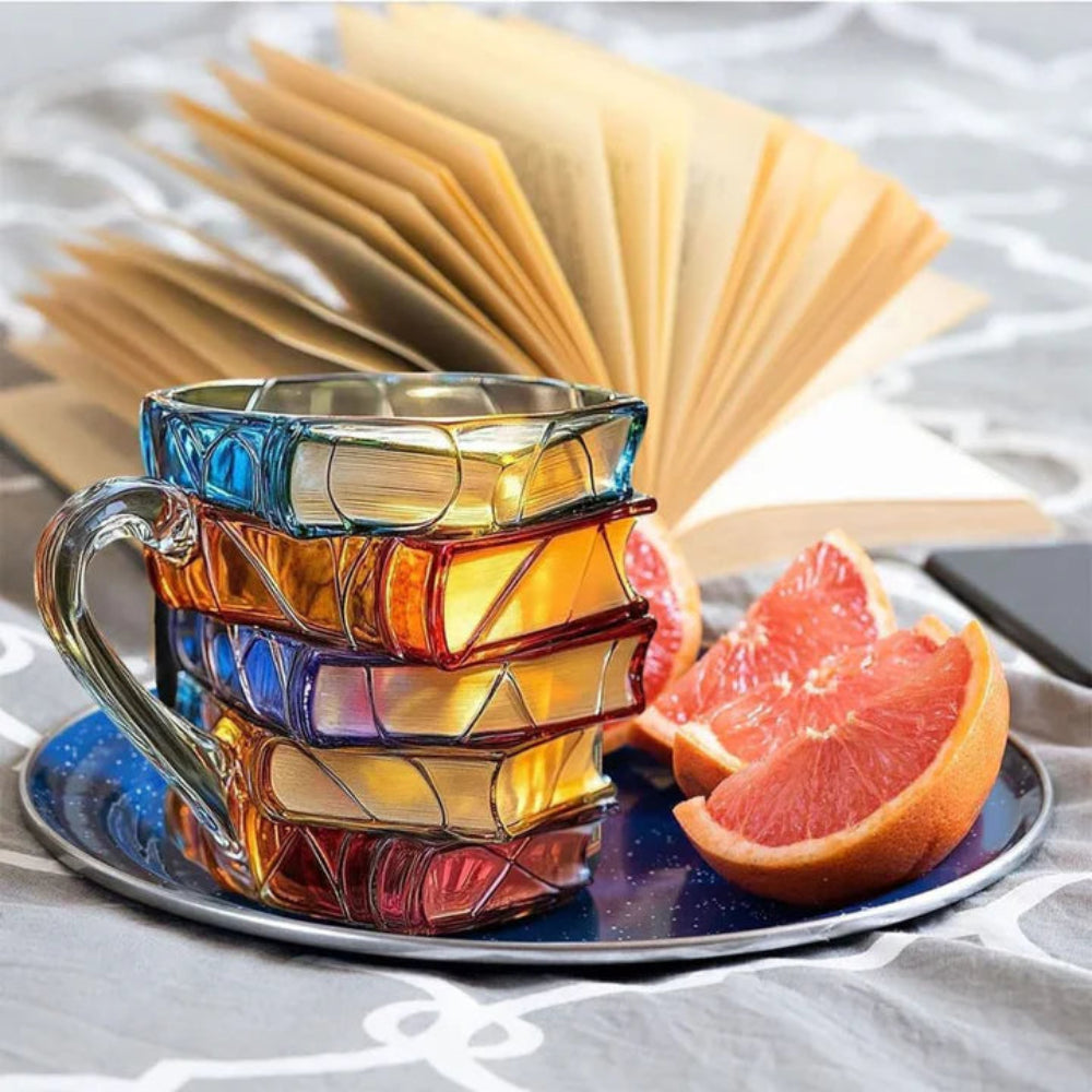 Artisan Glass Coffee Cup with Literary Charm
