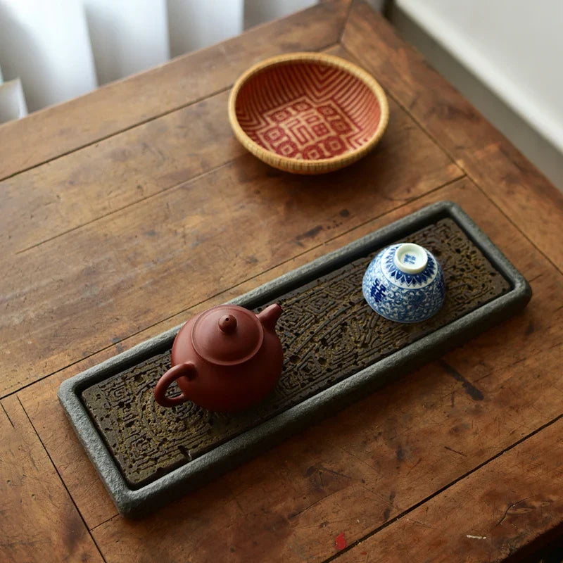 Tea Serving Tray in Volcanic Basalt with Dragon Design