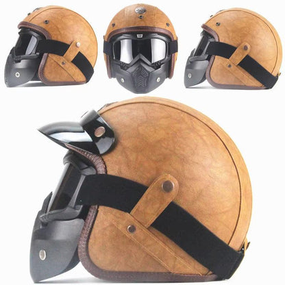 Vintage Open-Faced Motorcycle Helmet with Adjustable Goggles