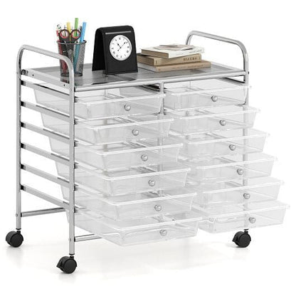 Transparent Rolling Storage Cart with 12 Drawers for Home and Office