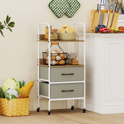 Utility Cart on Wheels with Two Open Shelves and Two Fabric Bins - Natural