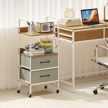 Utility Cart on Wheels with Two Open Shelves and Two Fabric Bins - Natural