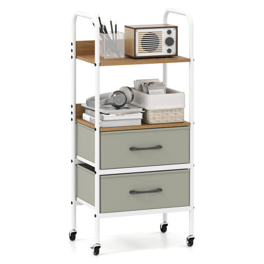 Utility Cart on Wheels with Two Open Shelves and Two Fabric Bins - Natural