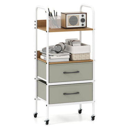 Utility Cart on Wheels with Two Open Shelves and Two Fabric Bins - Natural