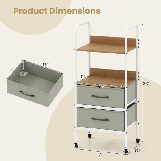 Utility Cart on Wheels with Two Open Shelves and Two Fabric Bins - Natural