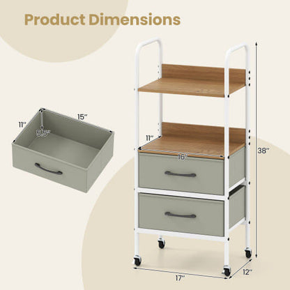 Utility Cart on Wheels with Two Open Shelves and Two Fabric Bins - Natural