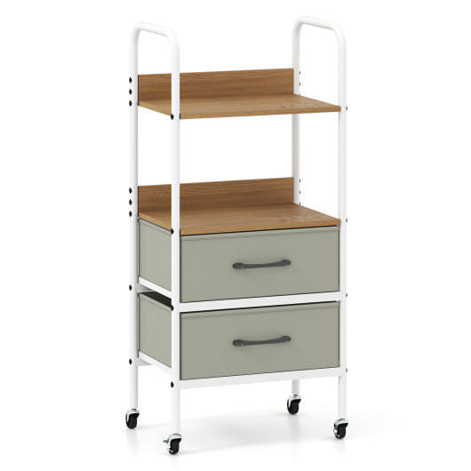 Utility Cart on Wheels with Two Open Shelves and Two Fabric Bins - Natural