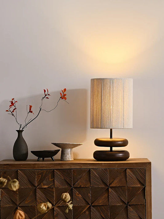 Artisan Table Lamp with Woven Shade and Rustic Wood Base