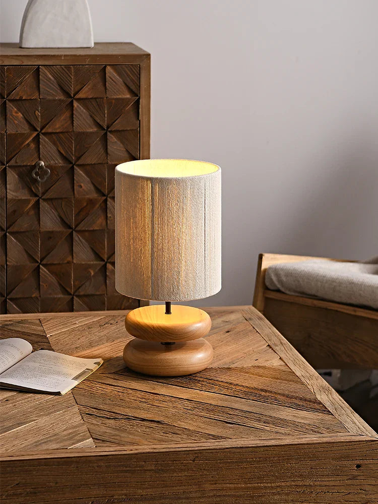 Artisan Table Lamp with Woven Shade and Rustic Wood Base