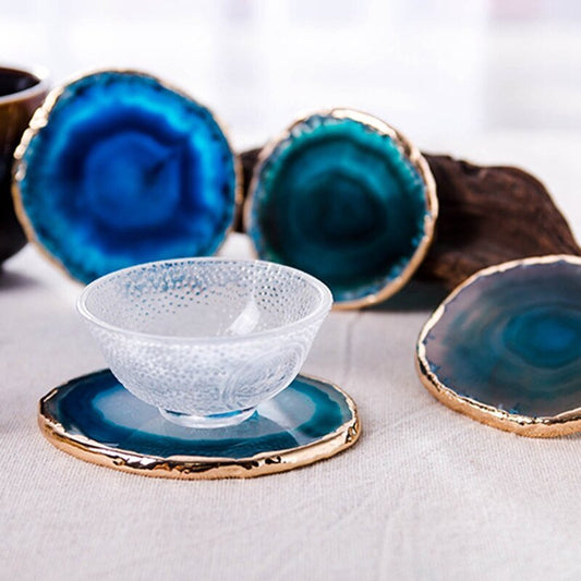 Artisan Crafted Agate Coaster Duo with Elegant Gold Trim