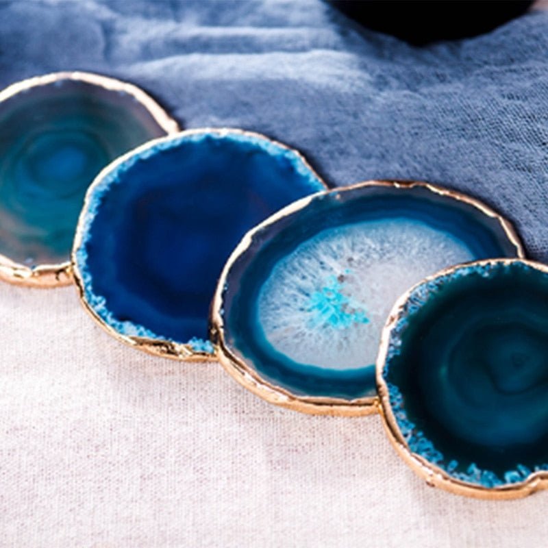 Artisan Crafted Agate Coaster Duo with Elegant Gold Trim