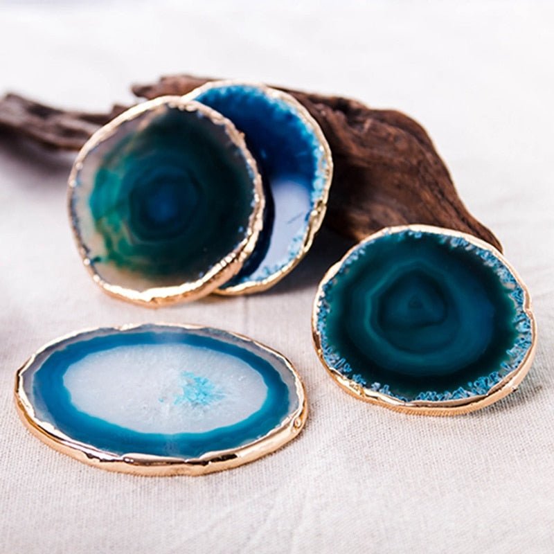 Artisan Crafted Agate Coaster Duo with Elegant Gold Trim
