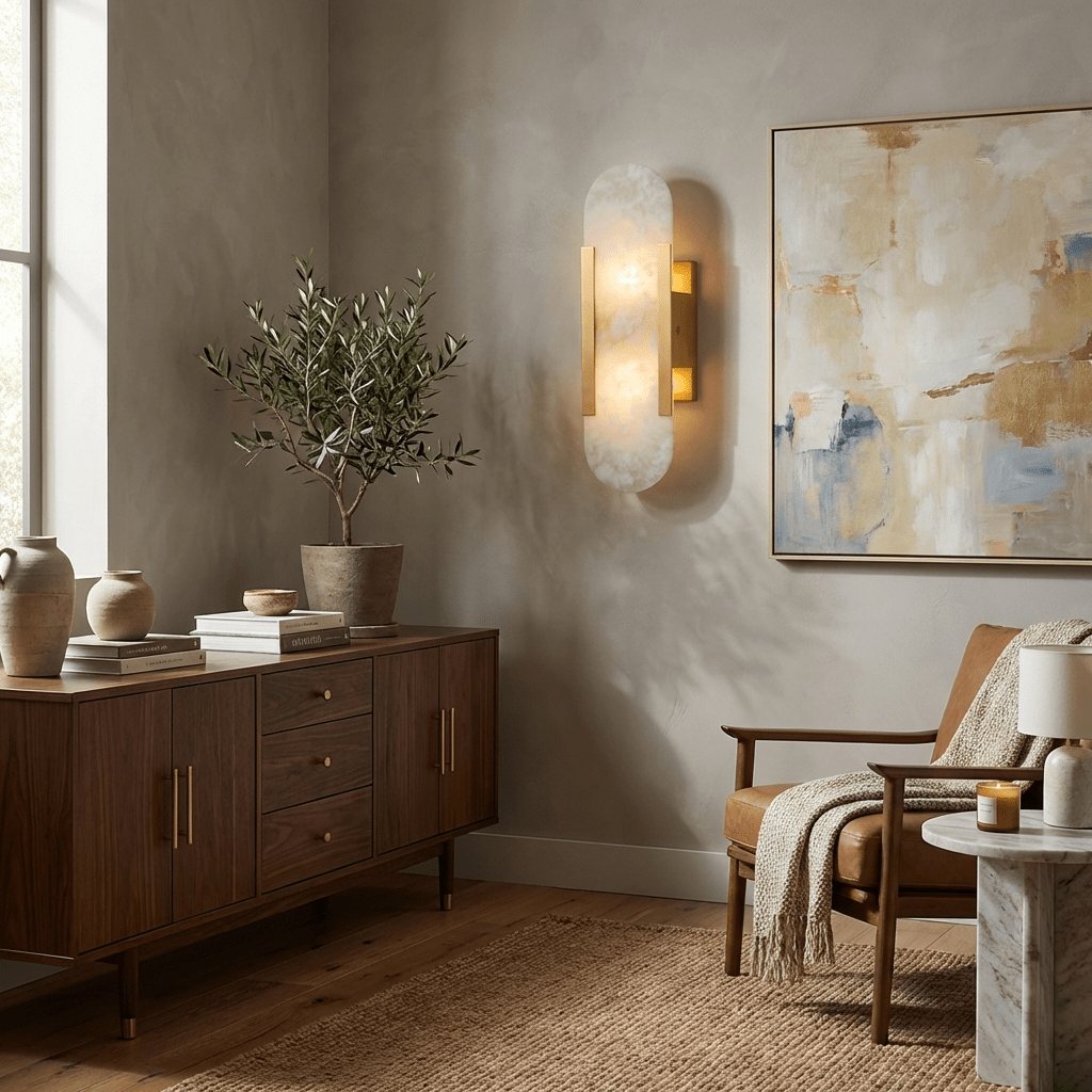 Artisan Alabaster Wall Light with Elegant Brass Accents