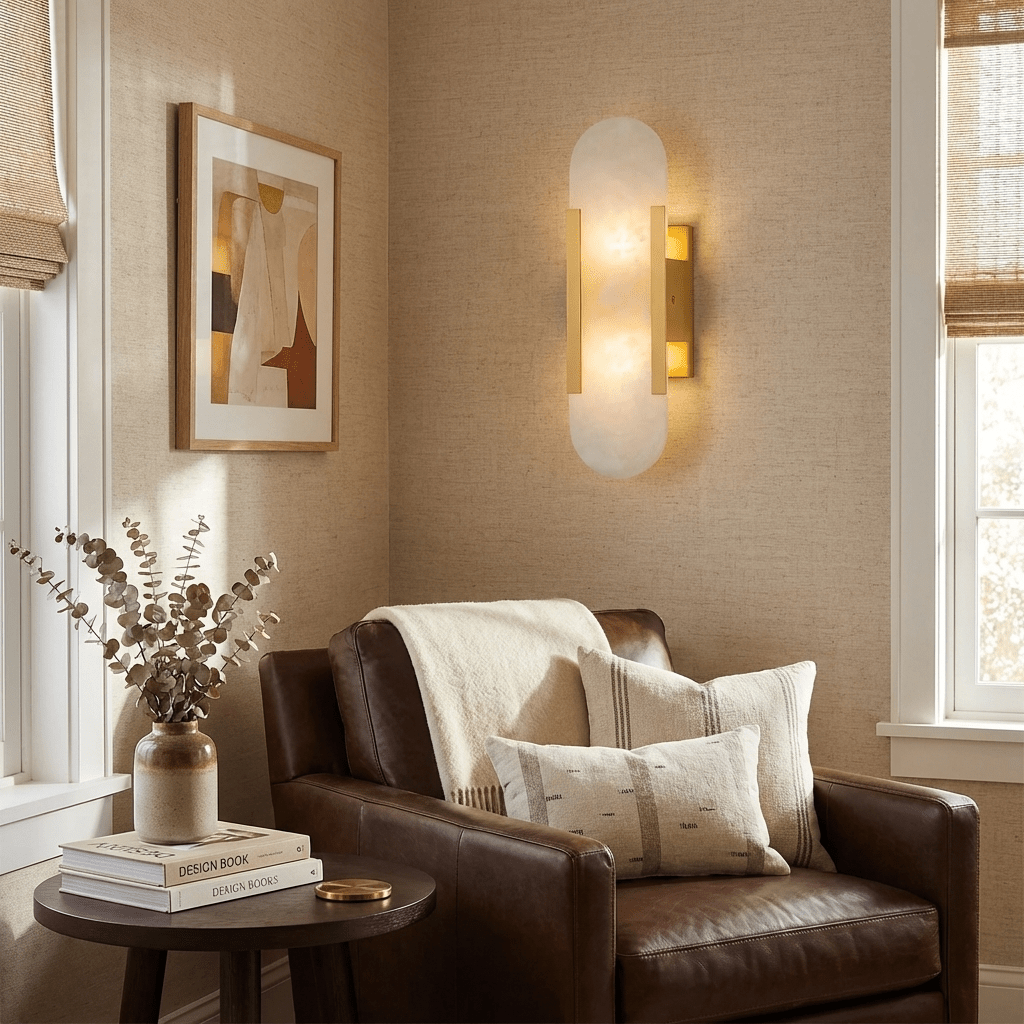 Artisan Alabaster Wall Light with Elegant Brass Accents
