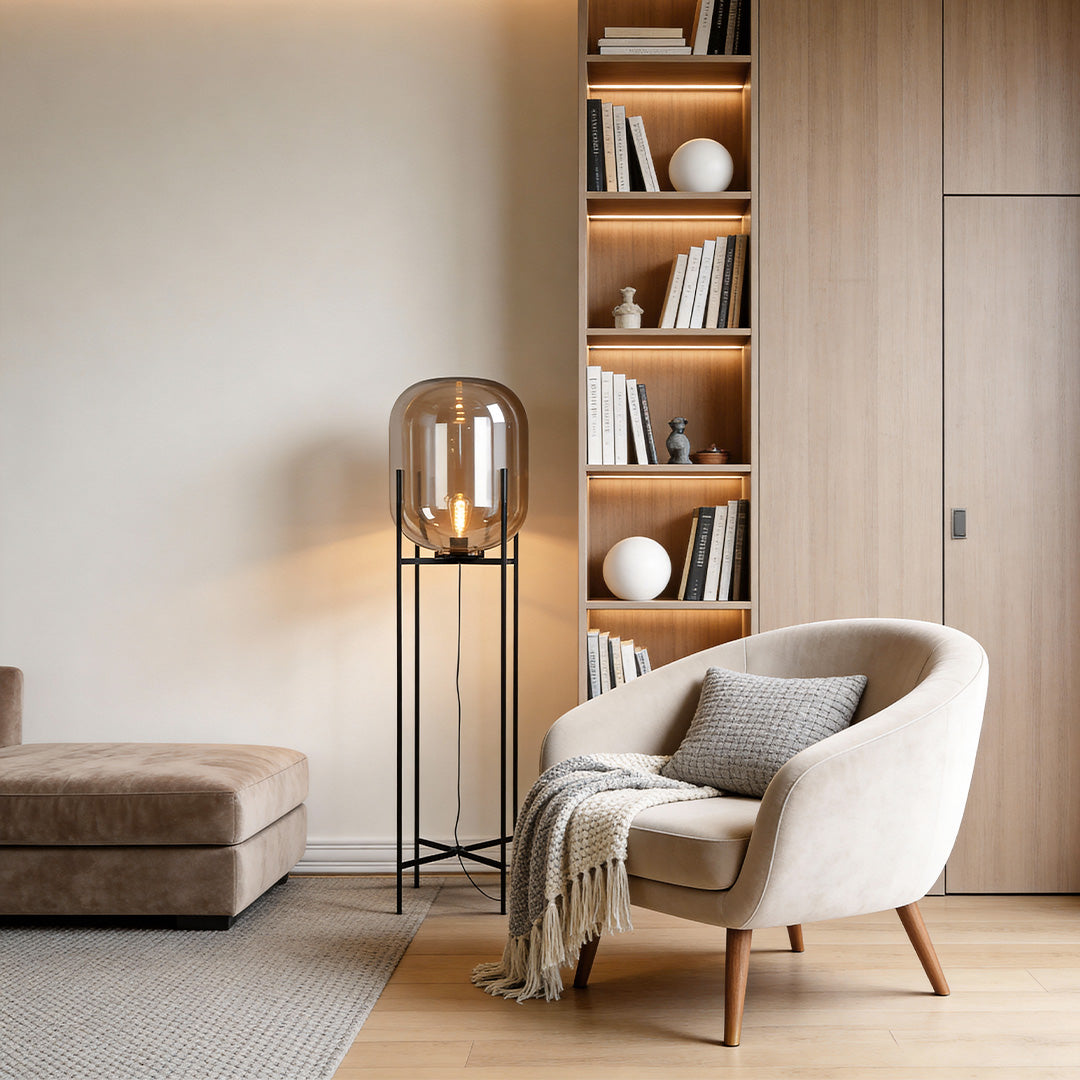 Elegant Industrial Floor Lamp with Artisan Glass Shade