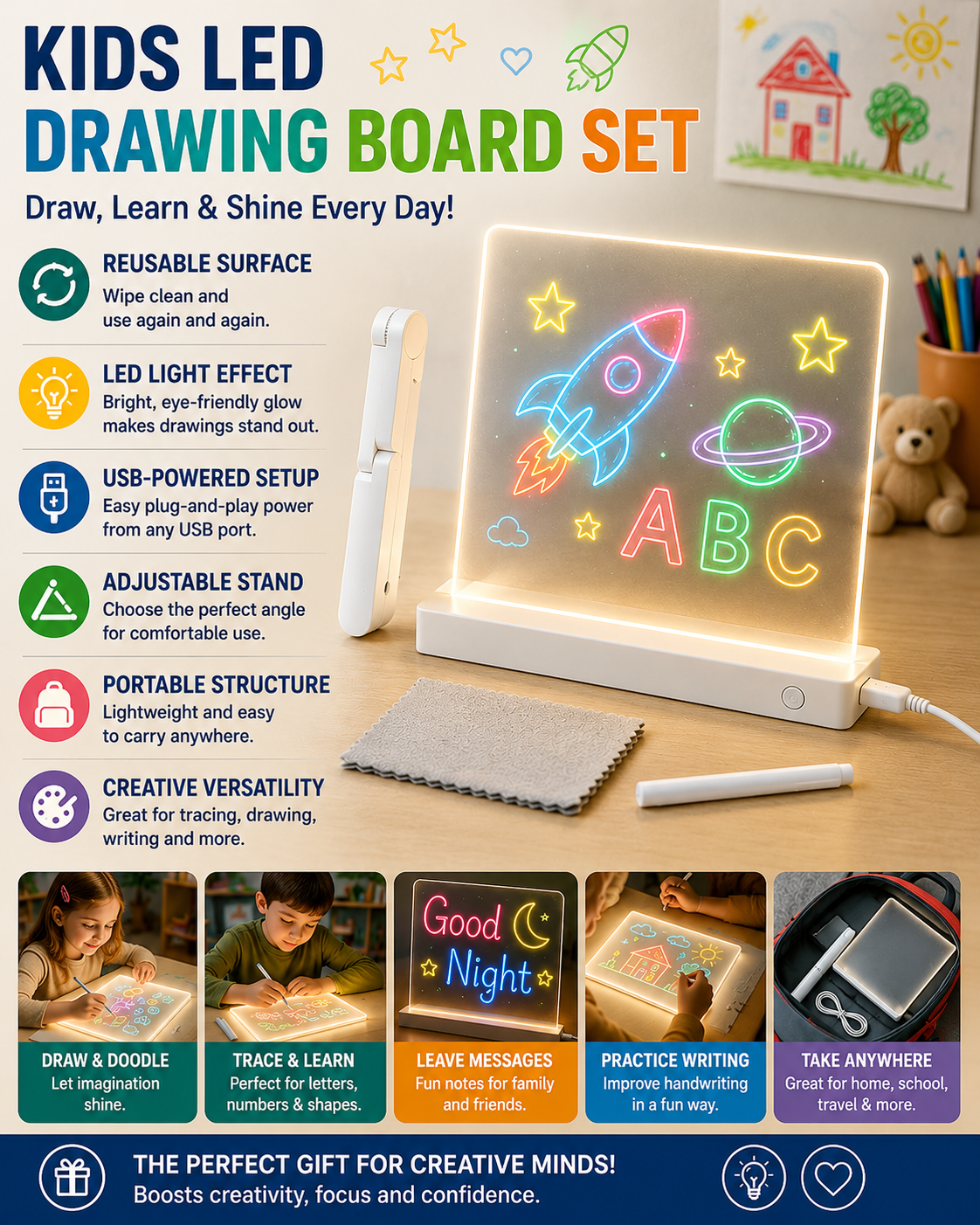 GlowArt Kids' Writing Pad - Eco-Friendly LED Drawing Board