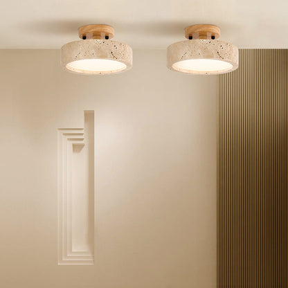 Modern Round Ceiling Light with Rustic Wooden Base